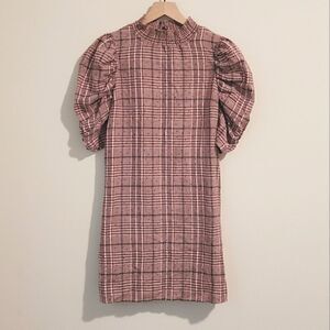 GB Gianni Bini Pink Plaid High Neck Puff Sleeve Dress Size Small
